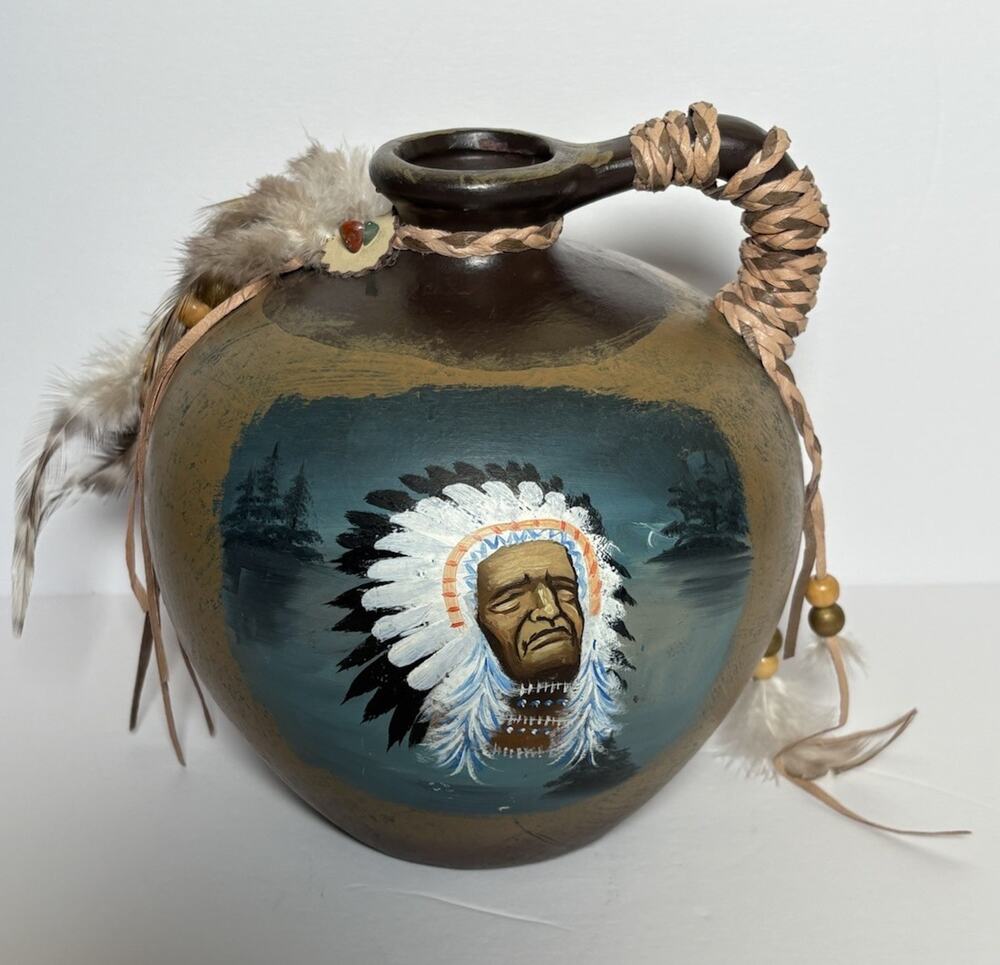 Hand Painted Ceramic Jug Indian Chief Leather Straps Feathers & Beads 7.5"H
